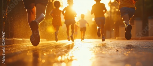 Silhouetted children running towards sunset on a wet road.