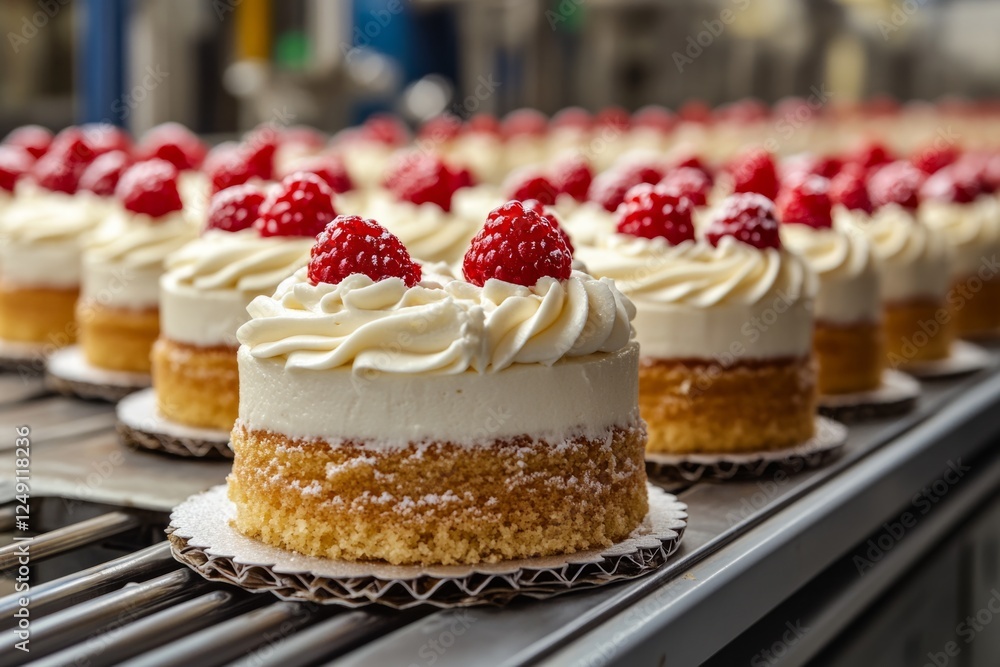 Rows of raspberry-topped cakes in a bakery setting Rows of raspberry-topped cakes in a bakery setting