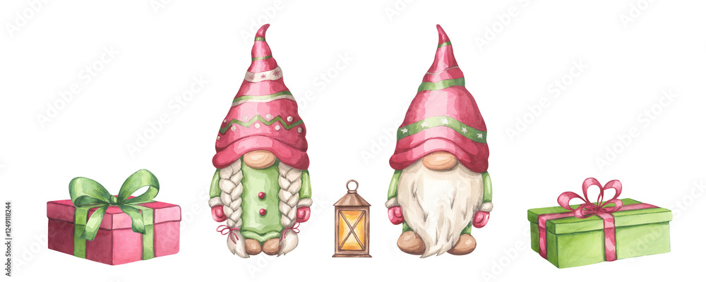 Fototapeta premium Christmas gnomes banner set. Boy and girl with lantern, gift boxes, in red green colours. Magical Scandinavian character for New Year. Hand draw watercolor illustration isolated on white background