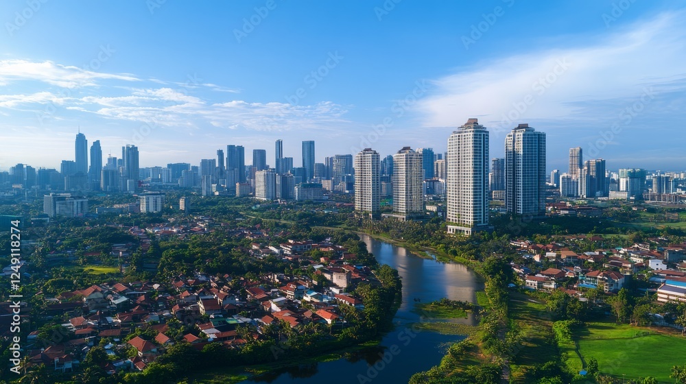 Obraz premium Aerial view of a city skyline with skyscrapers, residential areas, and a river.