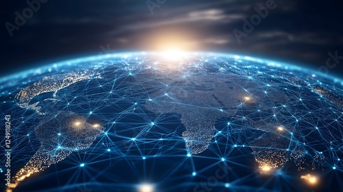 Luminous blue threads connect a digital map of the Earth as daylight breaks over the horizon, showcasing a networked world