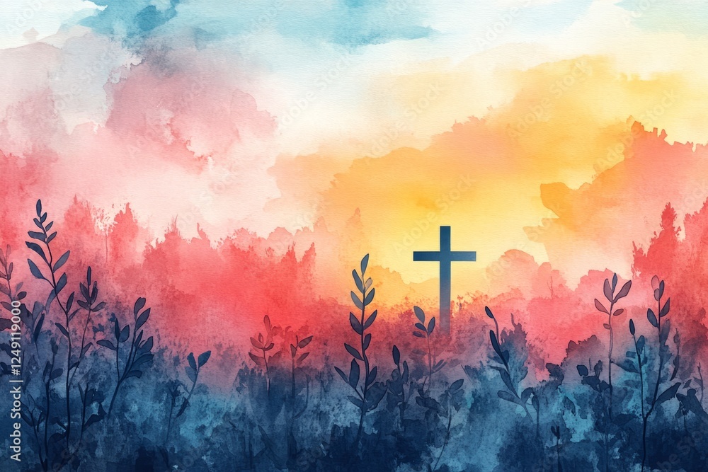 Obraz premium A Serene Watercolor Landscape Featuring A Cross Amid Colorful, Soft Clouds, Evoking A Sense Of Peace And Spirituality.