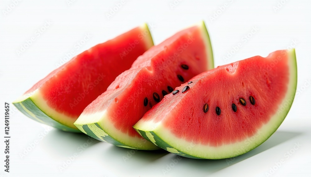Vibrant Watermelon Slices Arrand in Triangular Formation Against White Background Vibrant Watermelon Slices Arrand in Triangular Formation Against White Background