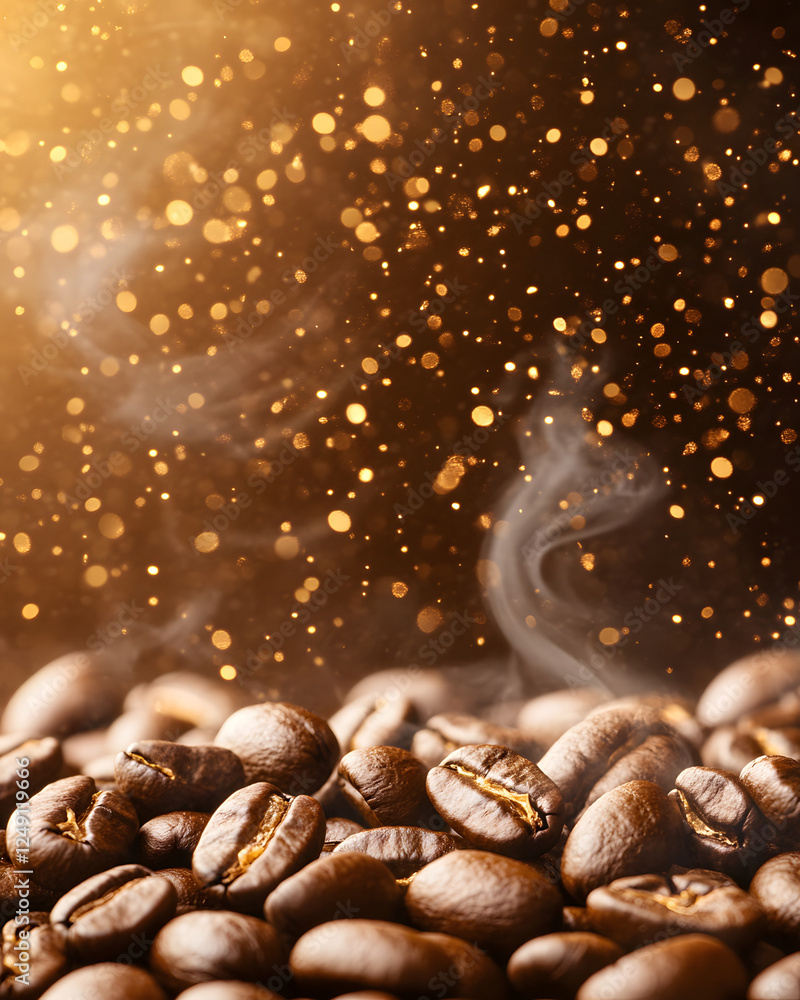 Macro shot of coffee beans with steam swirls and golden bokeh.
Macro shot of coffee beans with steam swirls and golden bokeh.