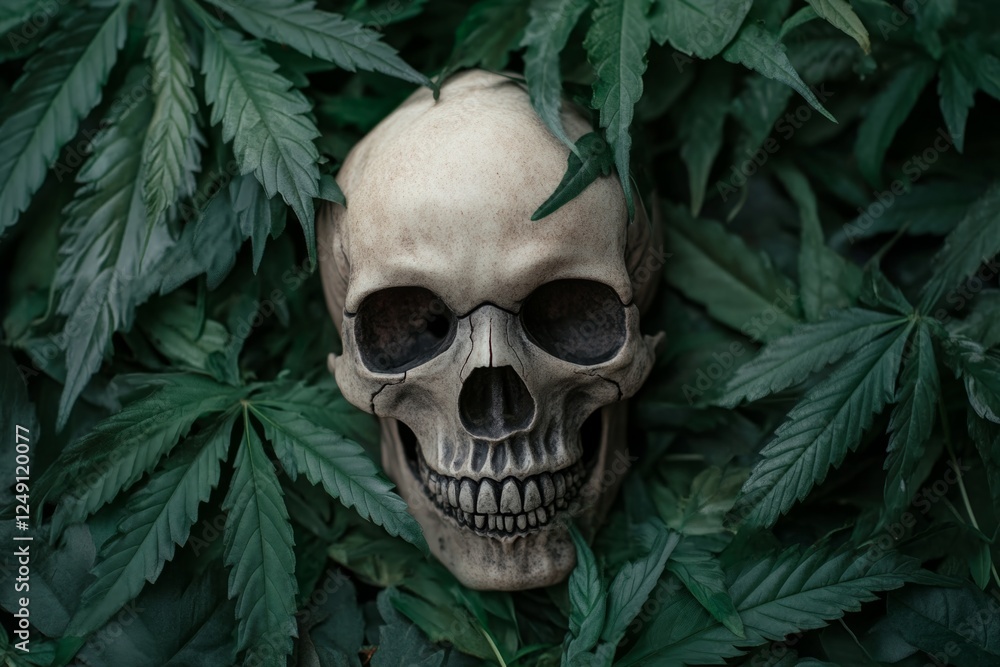 Skull nestled among dense, vibrant cannabis leaves Skull nestled among dense, vibrant cannabis leaves