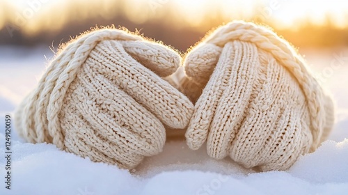 Knitted gloves in snow, winter sunset background, close-up, nature scene, outdoor photo