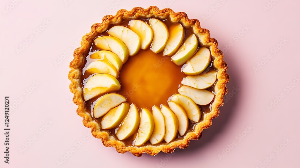 A freshly baked apple tart with caramelized edges, placed on a soft pink background, A freshly baked apple tart with caramelized edges, placed on a soft pink background,
