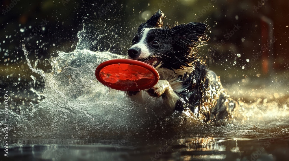 Energetic Dog Catches Frisbee in Midair Splashing Water Energetic Dog Catches Frisbee in Midair Splashing Water