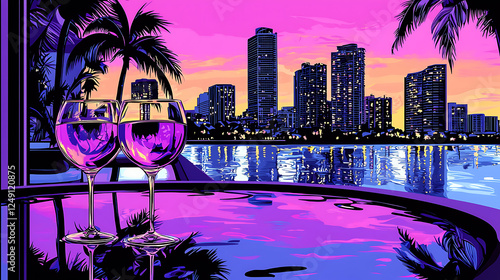 Romantic sunset city skyline drinks