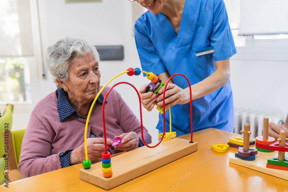 Αυτοκόλλητο Elderly woman engaging in therapeutic activities with nurse