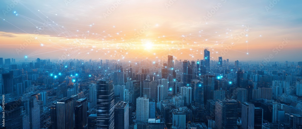 Fototapeta premium Sunset cityscape with network connections.