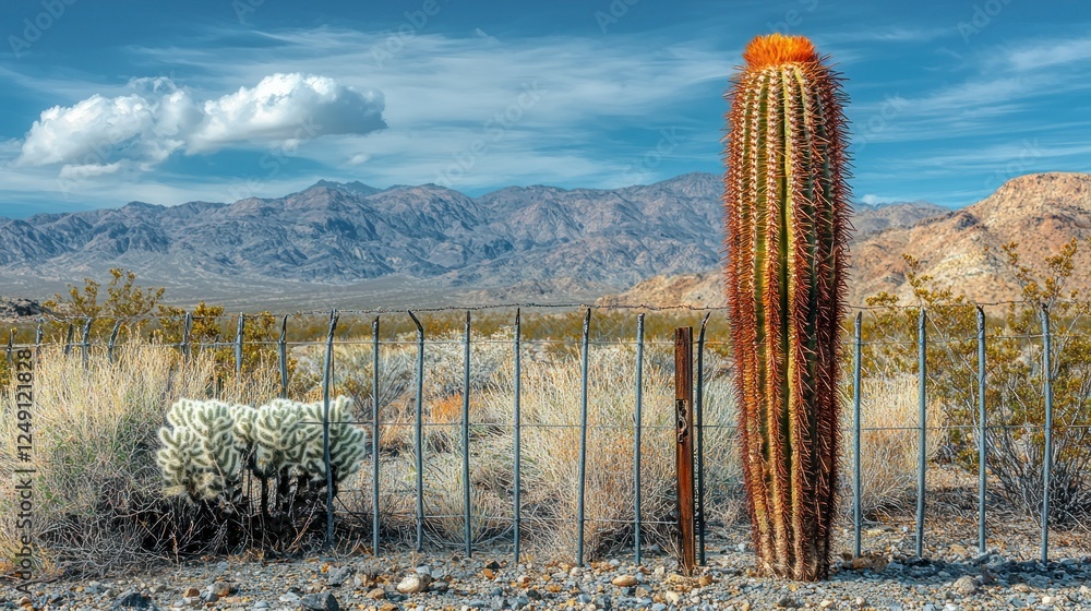 Fototapeta premium Desert cactus near fence with mountains background