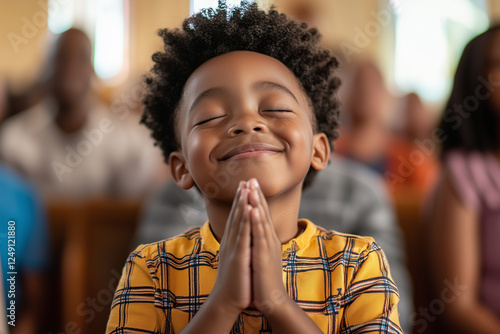 Hopeful African American Boy Praying with a Smile.