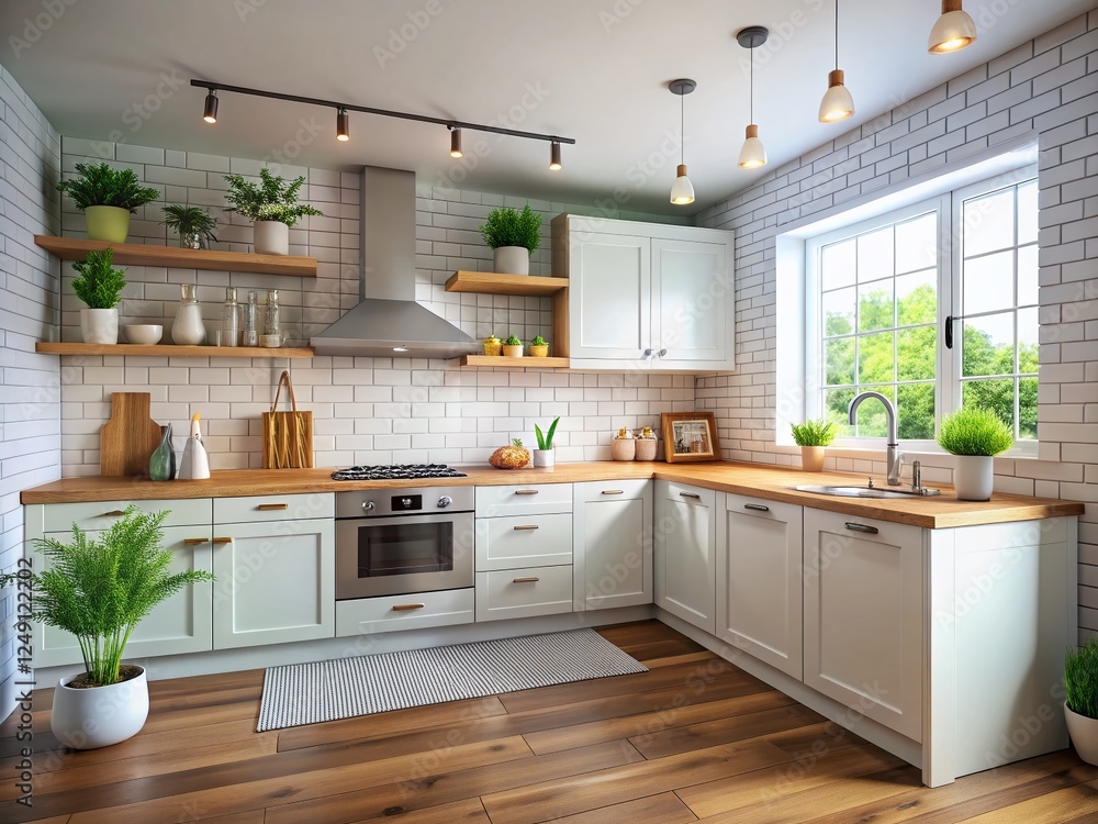 Fototapeta premium Modern Minimalist Kitchen: Matte White Cabinets, Subway Tile, Wooden Countertop