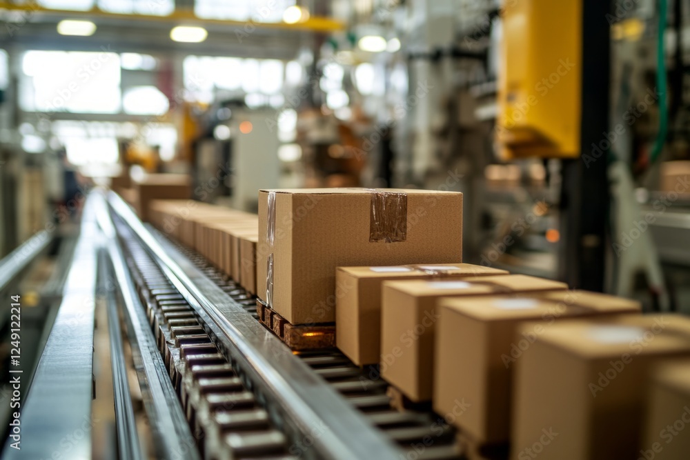 Cardboard boxes travel along an automated conveyor in a busy warehouse Cardboard boxes travel along an automated conveyor in a busy warehouse