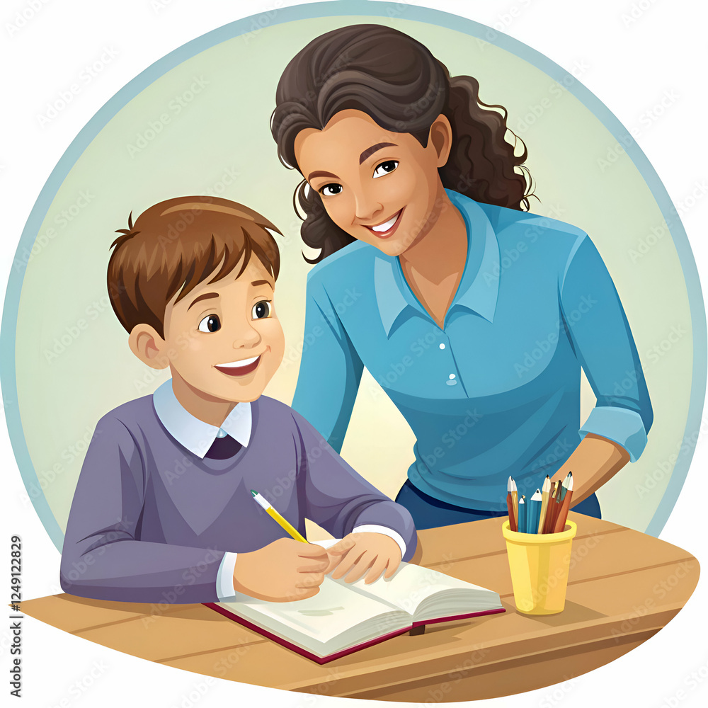 Smiling Teacher Helping Student Learn. Education Illustration Smiling Teacher Helping Student Learn. Education Illustration