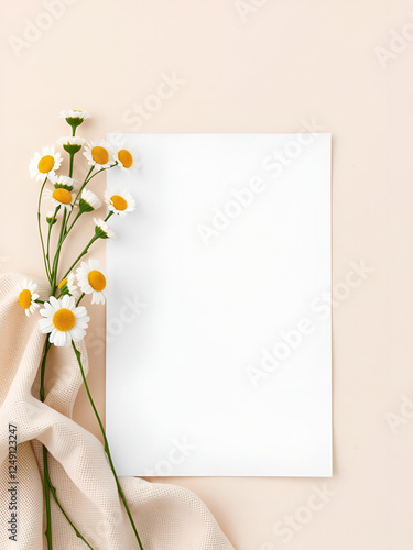 Blank paper sheet card with mockup copy space, chamomile flower buds and muslin cloth on neutral beige background. photo