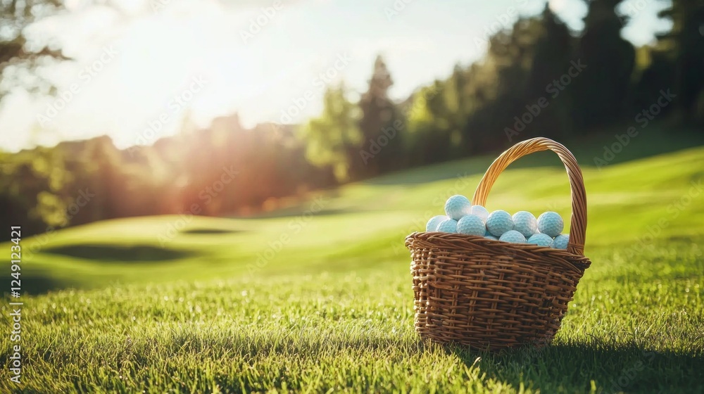 A delightful basket filled with pristine golf balls sits on a vibrant green field, surrounded by trees and bathed in the golden light of a sunny day. Perfect for golf enthusiasts A delightful basket filled with pristine golf balls sits on a vibrant green field, surrounded by trees and bathed in the golden light of a sunny day. Perfect for golf enthusiasts