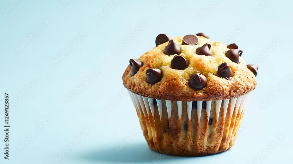 A freshly baked chocolate chip muffin, golden and soft, placed on a light blue background, A freshly baked chocolate chip muffin, golden and soft, placed on a light blue background,
