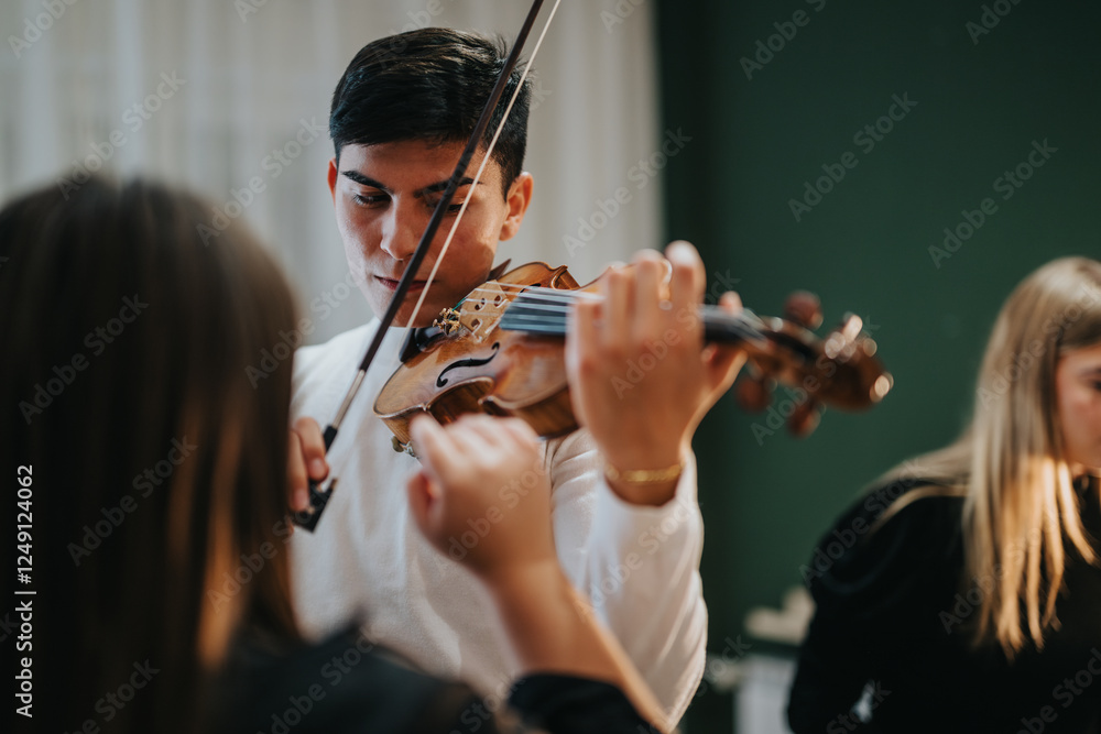 A young musician demonstrating skill while playing the violin, with attentive onlookers enjoying the music. A young musician demonstrating skill while playing the violin, with attentive onlookers enjoying the music.