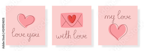 Set of simple square cards for Valentines Day. Romantic cards for February 14. Festive cards with handwritten inscriptions, decorative hearts and symbols of love