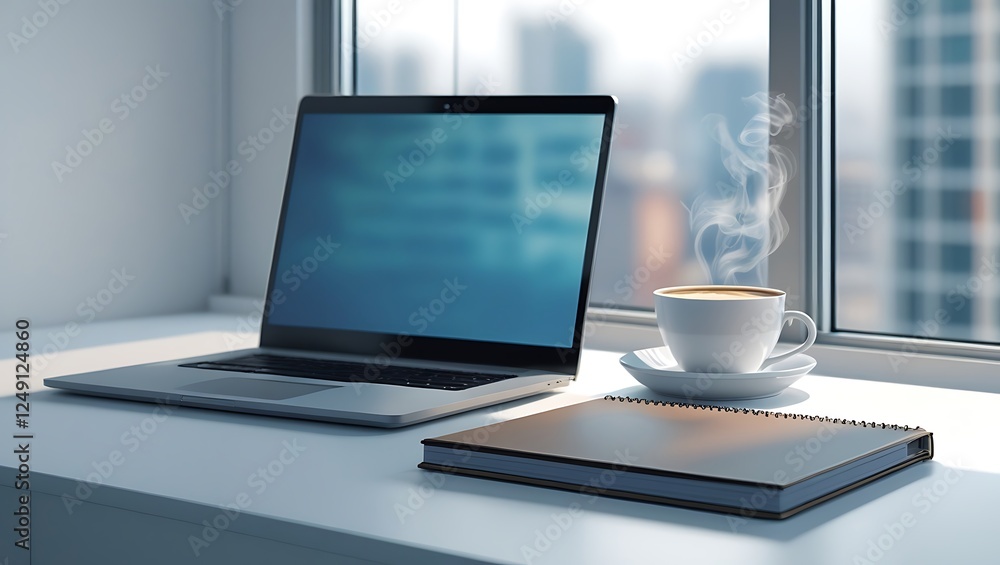 Modern Workspace with a Cup of Coffee and Laptop Modern Workspace with a Cup of Coffee and Laptop