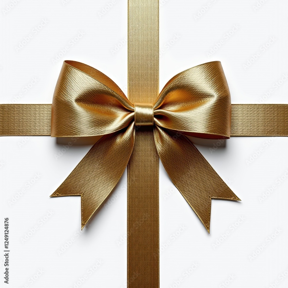 Gold Satin Ribbon Bow Against Pristine White Background: Striking Contrast Ima Gold Satin Ribbon Bow Against Pristine White Background: Striking Contrast Ima