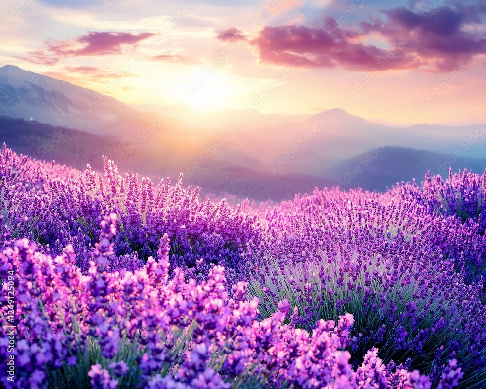 Fototapeta premium Lavender field sunset mountain scenery, tranquil nature background
