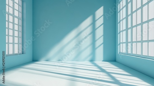 Minimalist Blue Background with White Walls and Natural Light Creating Soft Shadows in an Empty Room Ideal for Photography and Design Projects