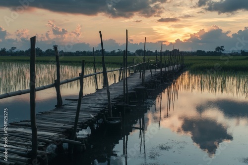 Sunset over serene lake  a wooden bridge and endless rice fields reflect nature s artistry photo