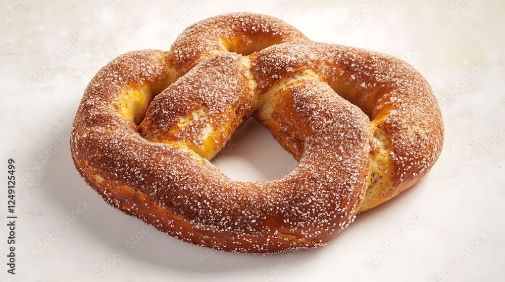 A freshly baked cinnamon sugar pretzel, displayed on a clean white surface A freshly baked cinnamon sugar pretzel, displayed on a clean white surface
