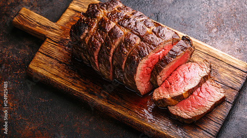Sliced roast beef on wooden board, dark background, food photography, recipe illustration