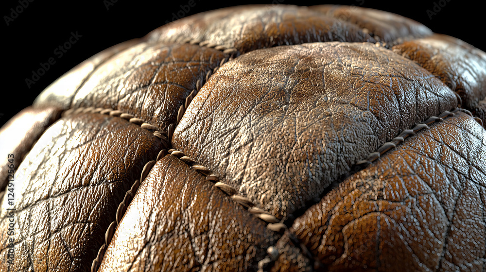 Close-up view of a weathered brown leather soccer ball highlighting its texture and stitching details Close-up view of a weathered brown leather soccer ball highlighting its texture and stitching details