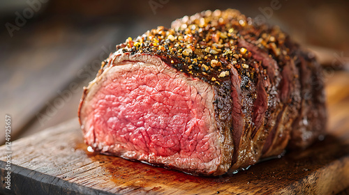 Sliced roast beef on wooden board, close-up. Food photography for recipe websites