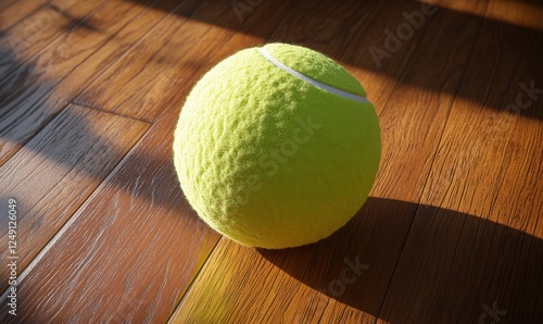 Tennis ball on wooden floor, sunlight, indoor sport photo