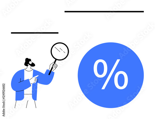 Person holding magnifying glass examining a large blue percentage symbol. Ideal for financial analysis, interest rates, data inspection, investment evaluation, auditing, statistical research