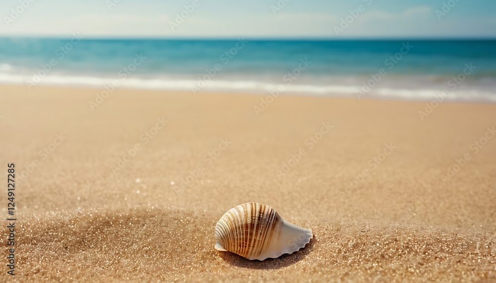Summer Beach Scene with Sand, Shell, and Blurred Sea – Mockup Style Background. 5 Summer Beach Scene with Sand, Shell, and Blurred Sea – Mockup Style Background. 5