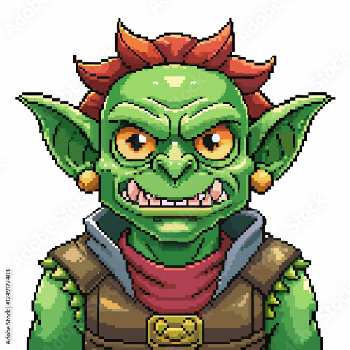 Pixel Art Goblin Character with Red Hair and Brown Vest in Retro Game Style