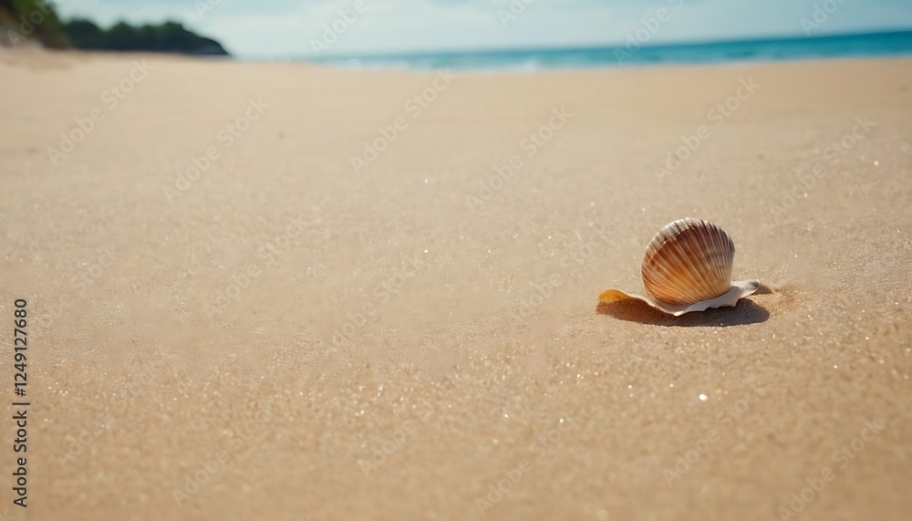 Summer Beach Scene with Sand, Shell, and Blurred Sea – Mockup Style Background. 1 Summer Beach Scene with Sand, Shell, and Blurred Sea – Mockup Style Background. 1
