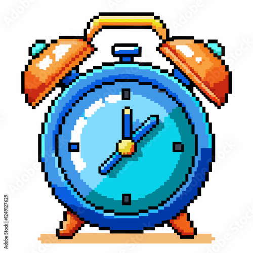 Pixel Art Retro Alarm Clock   Vintage Blue Clock Illustration