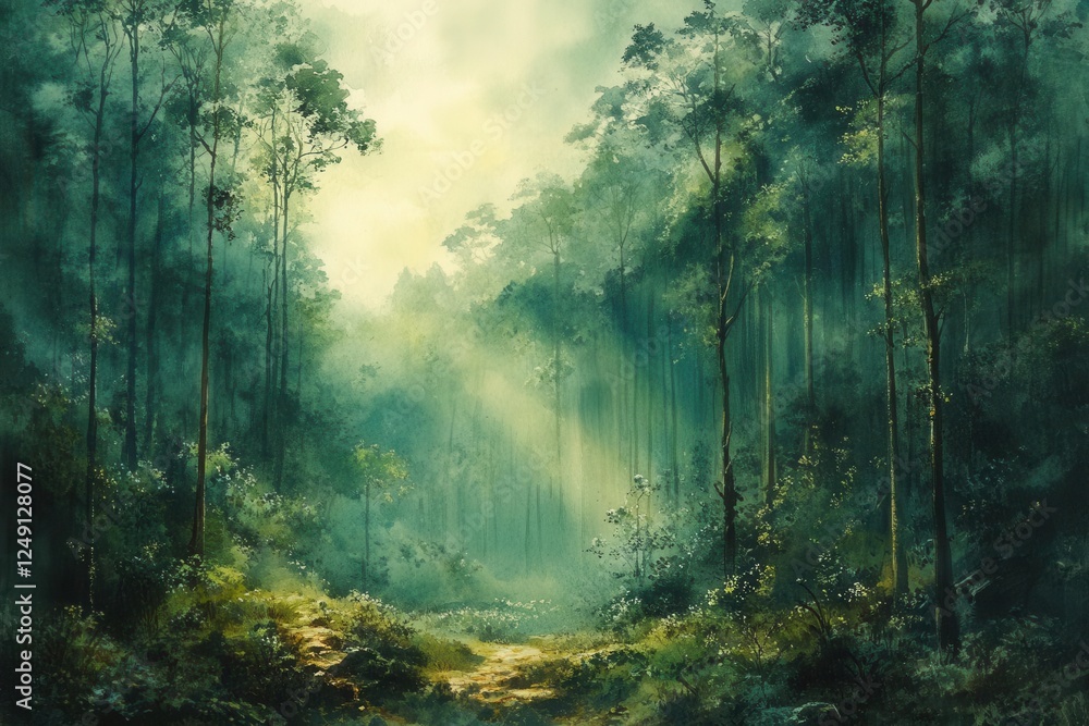 Obraz premium watercolor depiction of a dense woodland rich in greens and earth tones soft brush strokes create an ethereal atmosphere inviting viewers into the tranquil embrace of nature