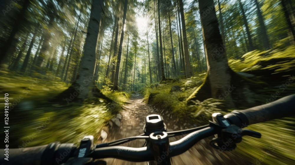 Dynamic fpv view of a mountain bike trail through a dense forest with sunlight and motion blur Dynamic fpv view of a mountain bike trail through a dense forest with sunlight and motion blur