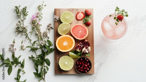Wallpaper Mural Citrus fruit and berry arrangement with herbal garnish and refreshing drink. Cocktail garnish board Torontodigital.ca