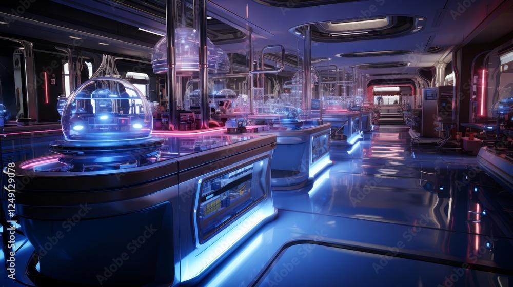 Futuristic laboratory featuring advanced equipment bathed in blue neon lighting atmosphere Futuristic laboratory featuring advanced equipment bathed in blue neon lighting atmosphere