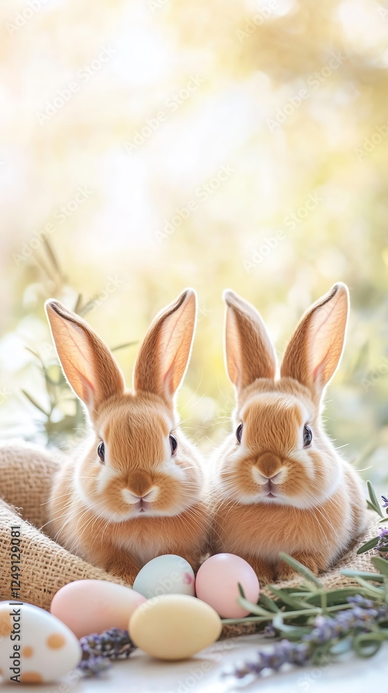 Two brown bunnies sitting on burlap fabric with pastel eggs. Table is decorated with olive branches and dried lavender. Bright softly light. Easter concept. Vertical photo footage for social media Two brown bunnies sitting on burlap fabric with pastel eggs. Table is decorated with olive branches and dried lavender. Bright softly light. Easter concept. Vertical photo footage for social media
