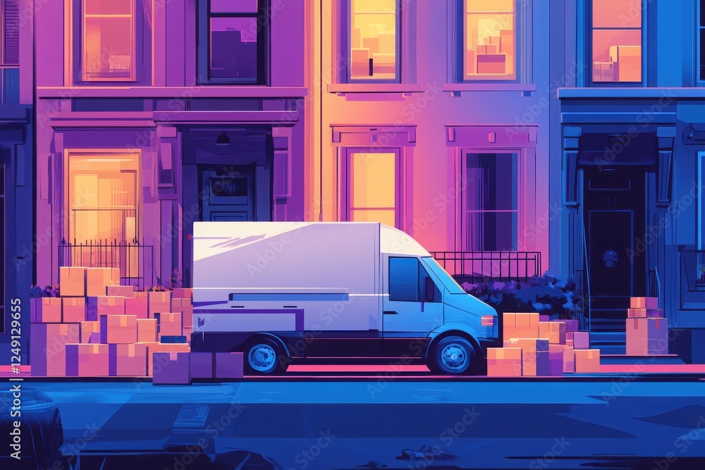 Fototapeta premium A delivery van parked beside stacked boxes in a colorful urban setting at dusk.
