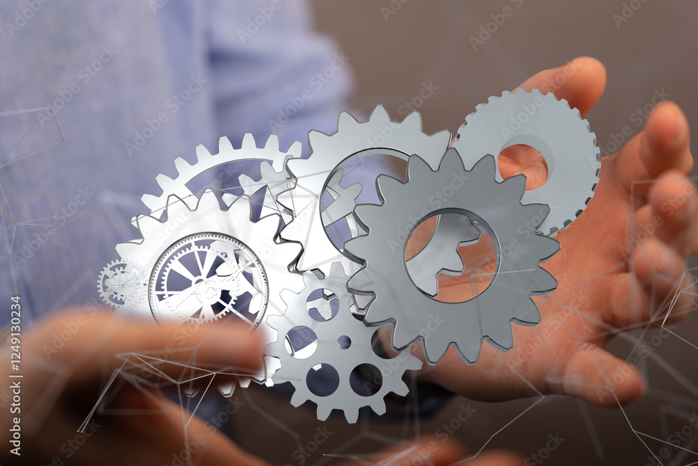 gear system data. Connecting lines and dots.Big data visualization - neural network exposure digital gear system data. Connecting lines and dots.Big data visualization - neural network exposure digital