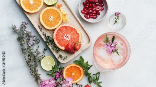 Wallpaper Mural Refreshing citrus and pomegranate cocktail with fresh herbs and flowers. Cocktail garnish board Torontodigital.ca