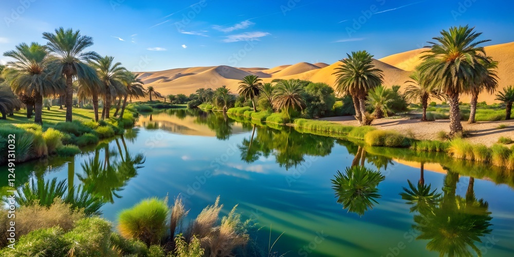 Green oasis with palm grove and serene water in the desert landscape under a clear blue sky Green oasis with palm grove and serene water in the desert landscape under a clear blue sky