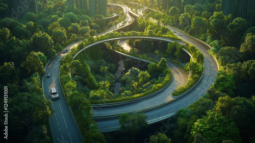 The beautiful road in the future with both sides of the street covered by a lush and Landscape with trees. Generated AI Illustration.